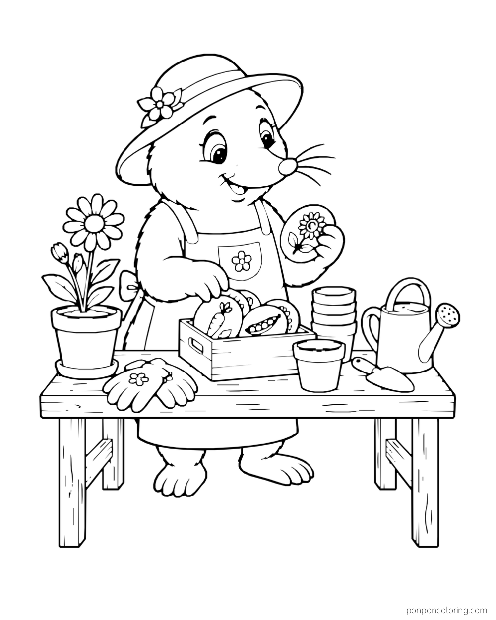 A mole sorts seed packets at a garden bench with gloves, pots and a watering can.