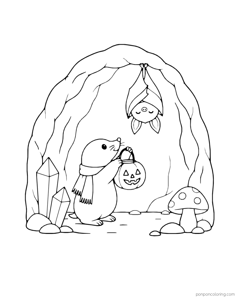 A scarf-wearing mole raises a pumpkin lantern toward a sleeping bat in a crystal-lined cave.