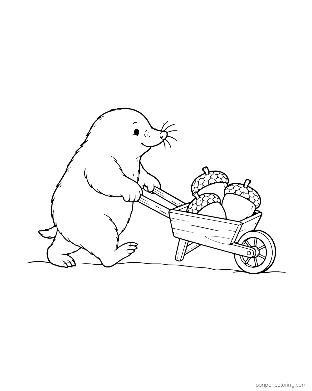 A mole pushes a small wheelbarrow carrying three acorns along a short path.