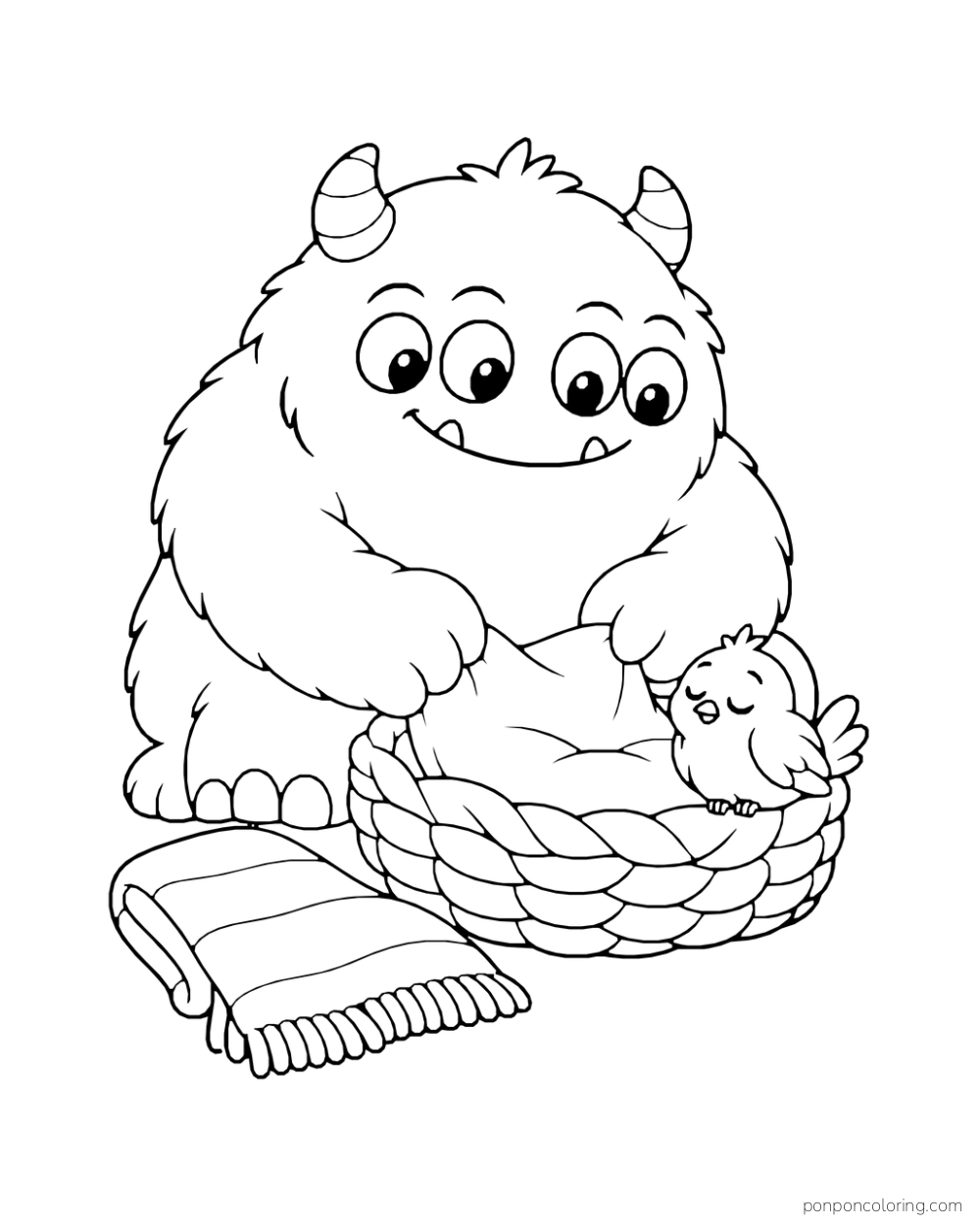 Four-eyed monster beside a small bird resting in a lined basket.