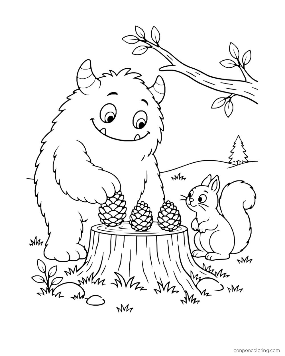 Furry monster placing pinecones on a stump while a squirrel watches.