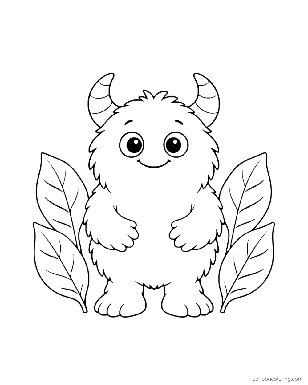 Round two-eyed horned monster standing between four large leaves.