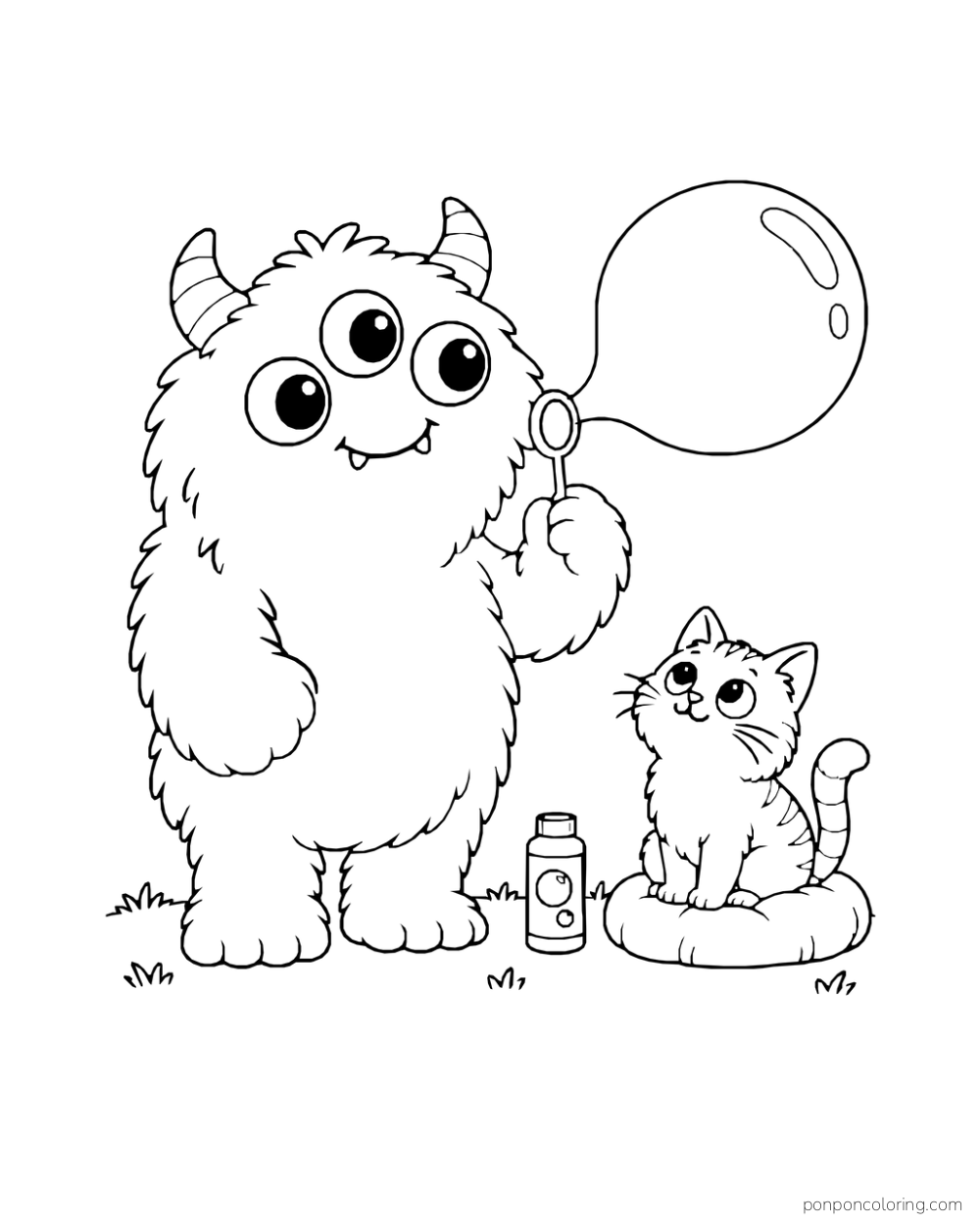 Three-eyed fluffy monster blowing one large bubble while a cat watches beside a bottle.