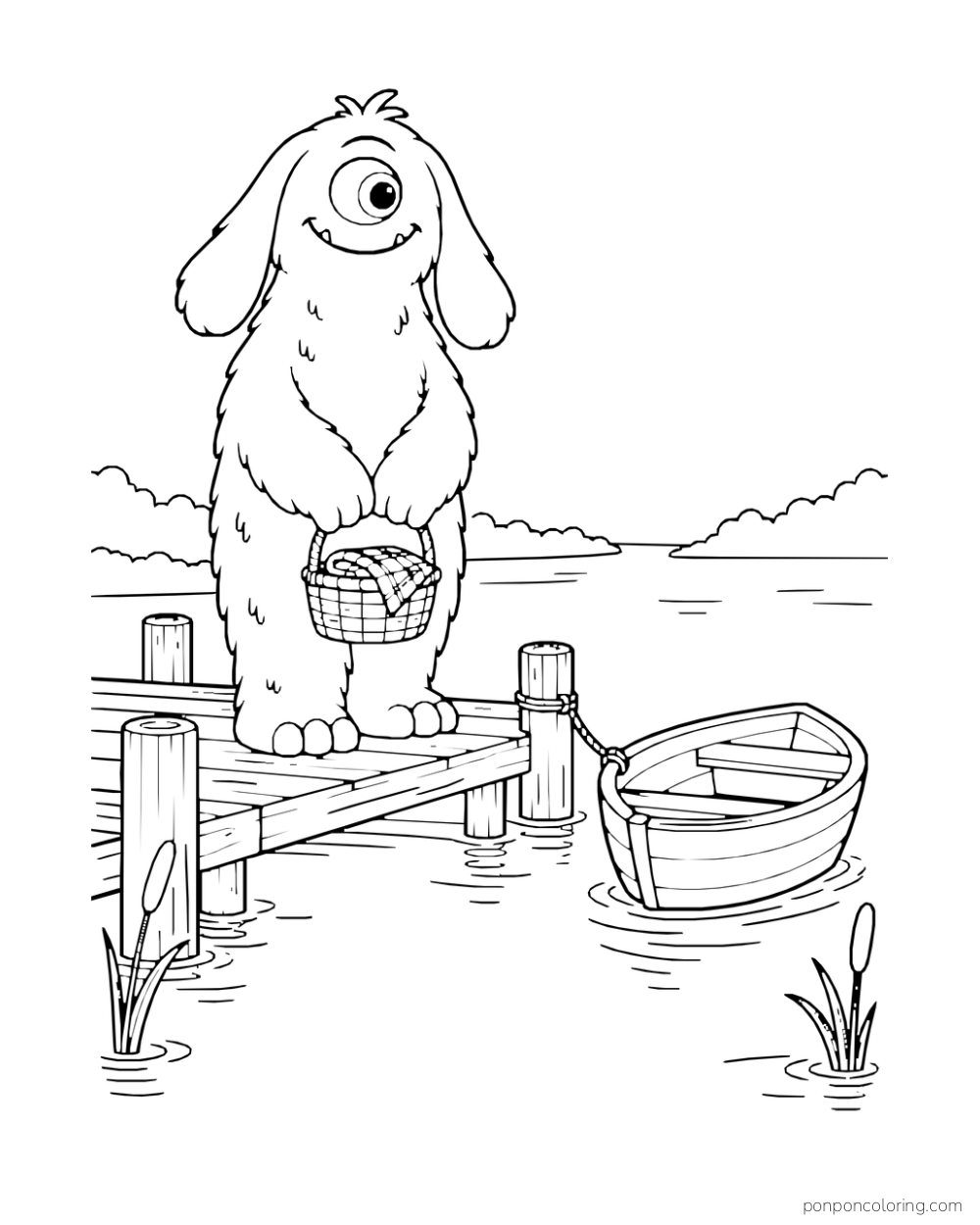 Tall one-eyed monster standing with a small basket on a dock beside a tied rowboat.