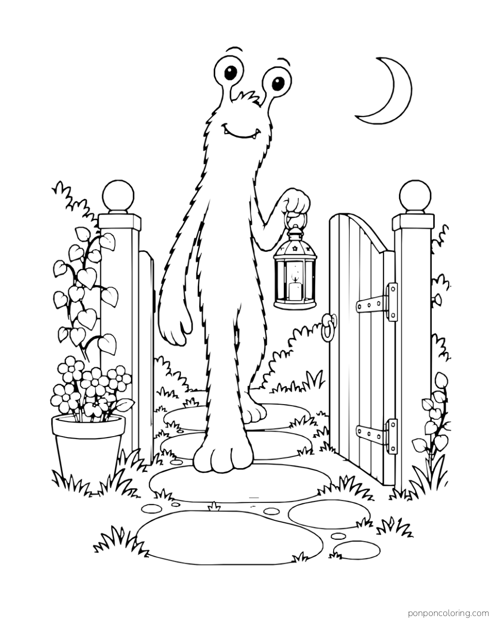 Tall two-eyed monster holding a lantern beside an open garden gate and stepping stones.