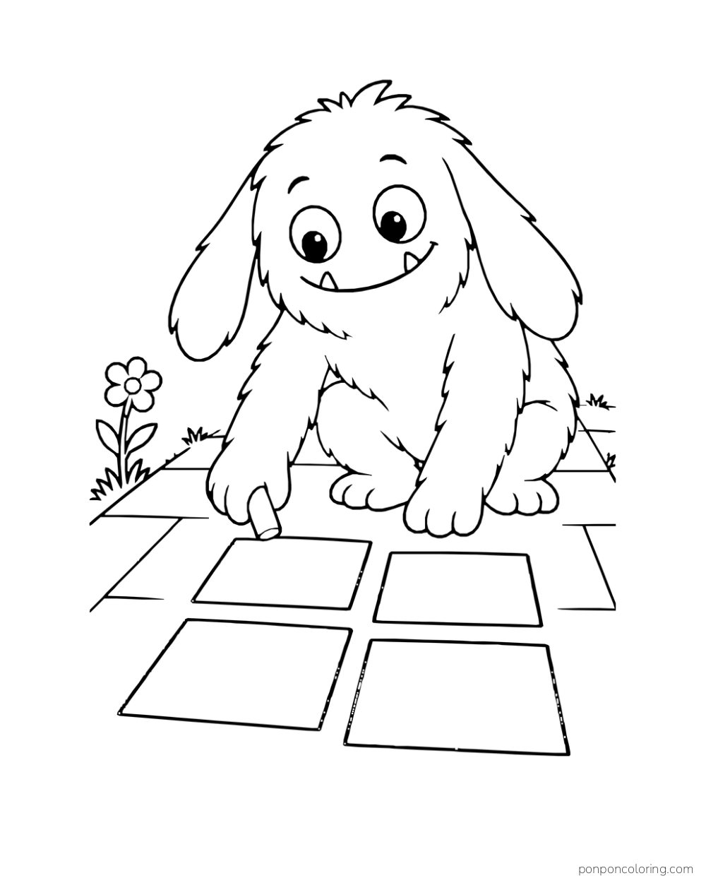 Long-eared two-eyed monster marking large blank hopscotch squares on a path.