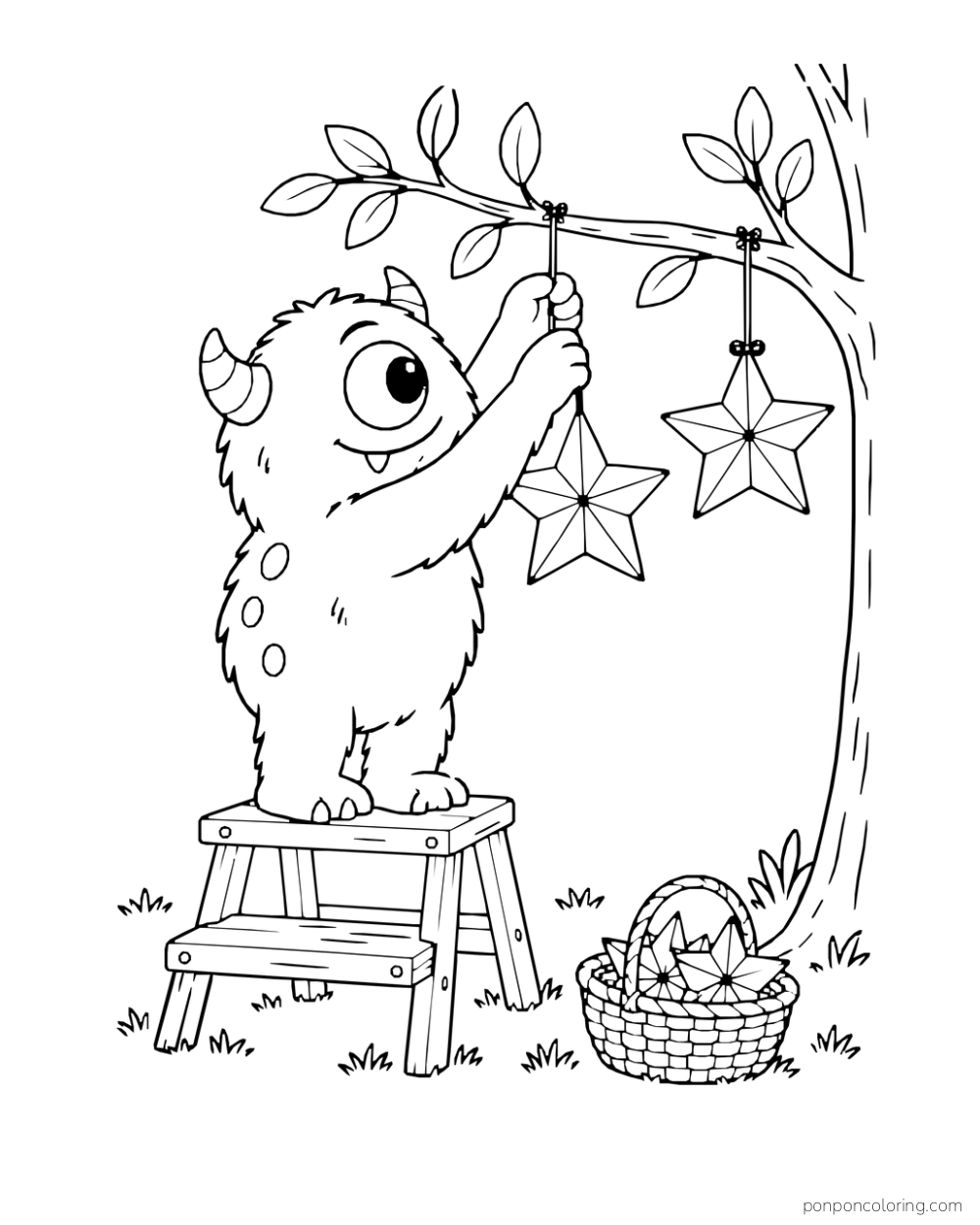 One-eyed monster on a stool hanging two star ornaments from a low branch.