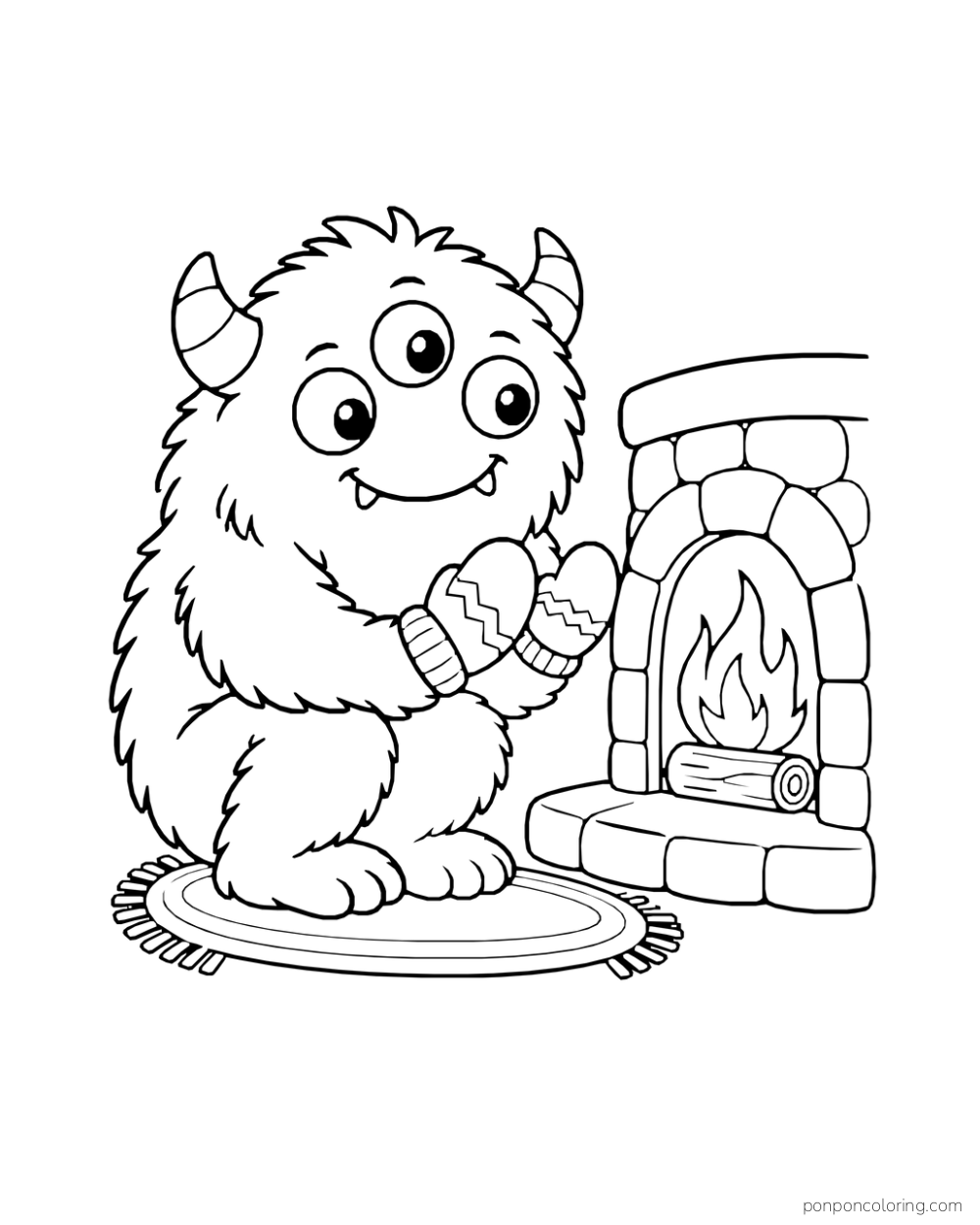 Three-eyed fluffy monster seated on a rug holding mittens beside a small fireplace.