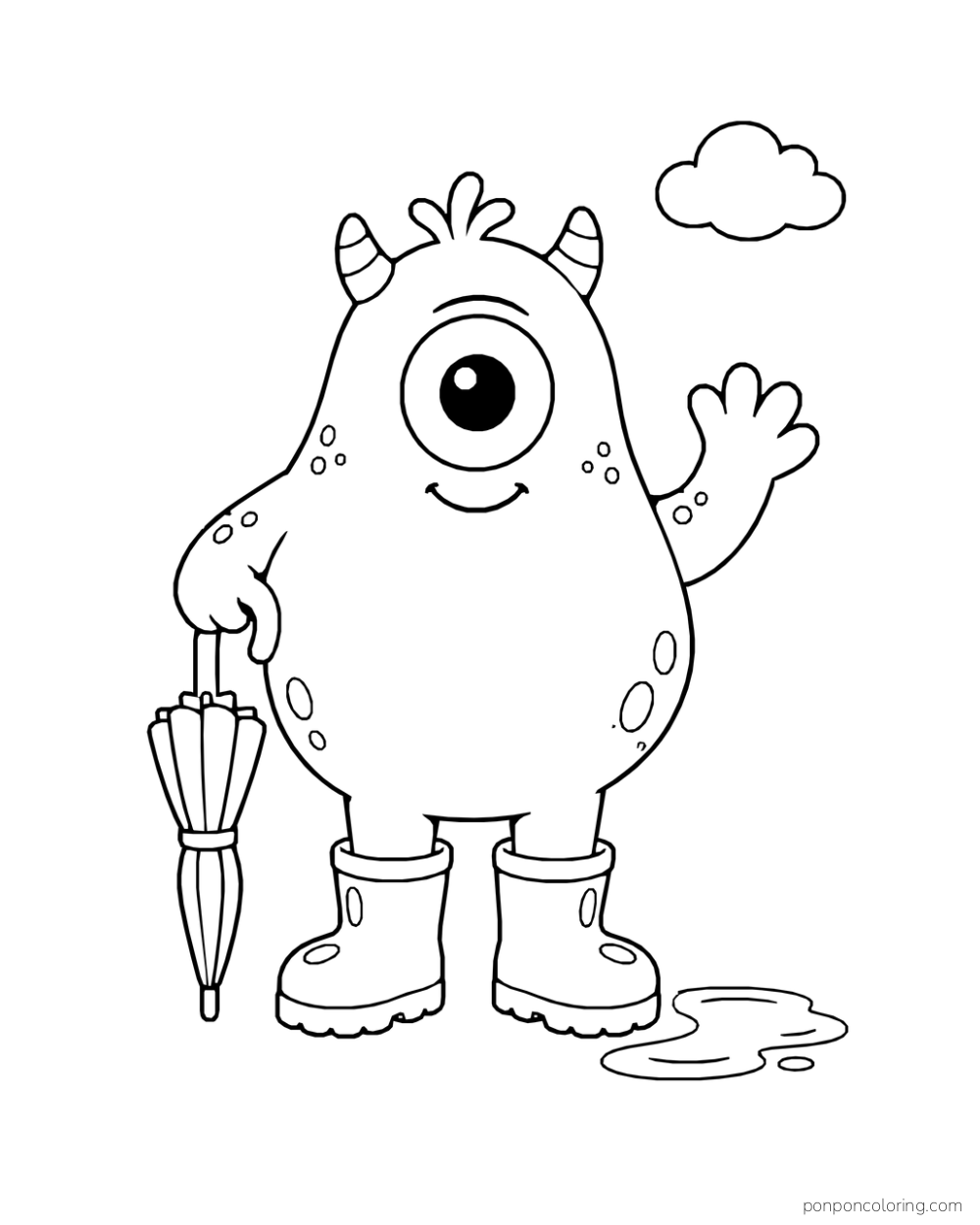 One-eyed pear-shaped monster holding a folded umbrella beside a puddle in chunky boots.