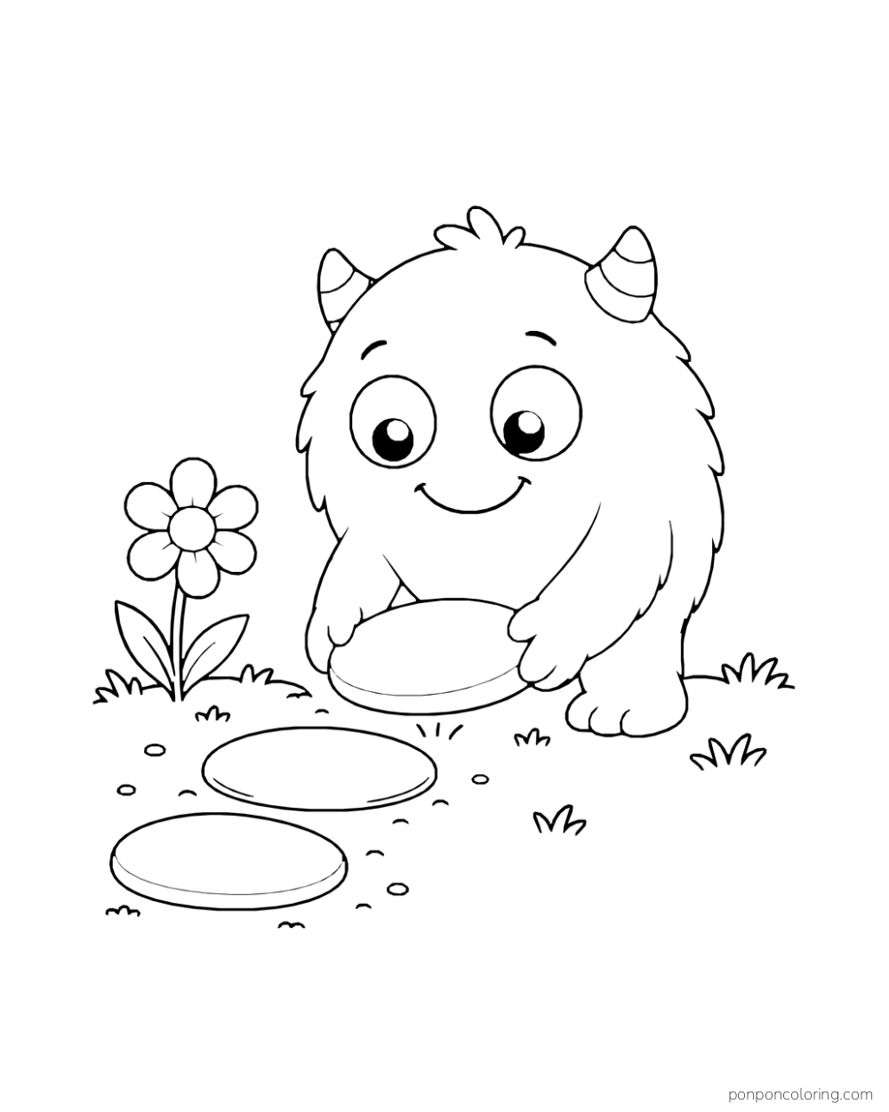Round two-eyed monster lowering an oval stone beside two stones and a flower.