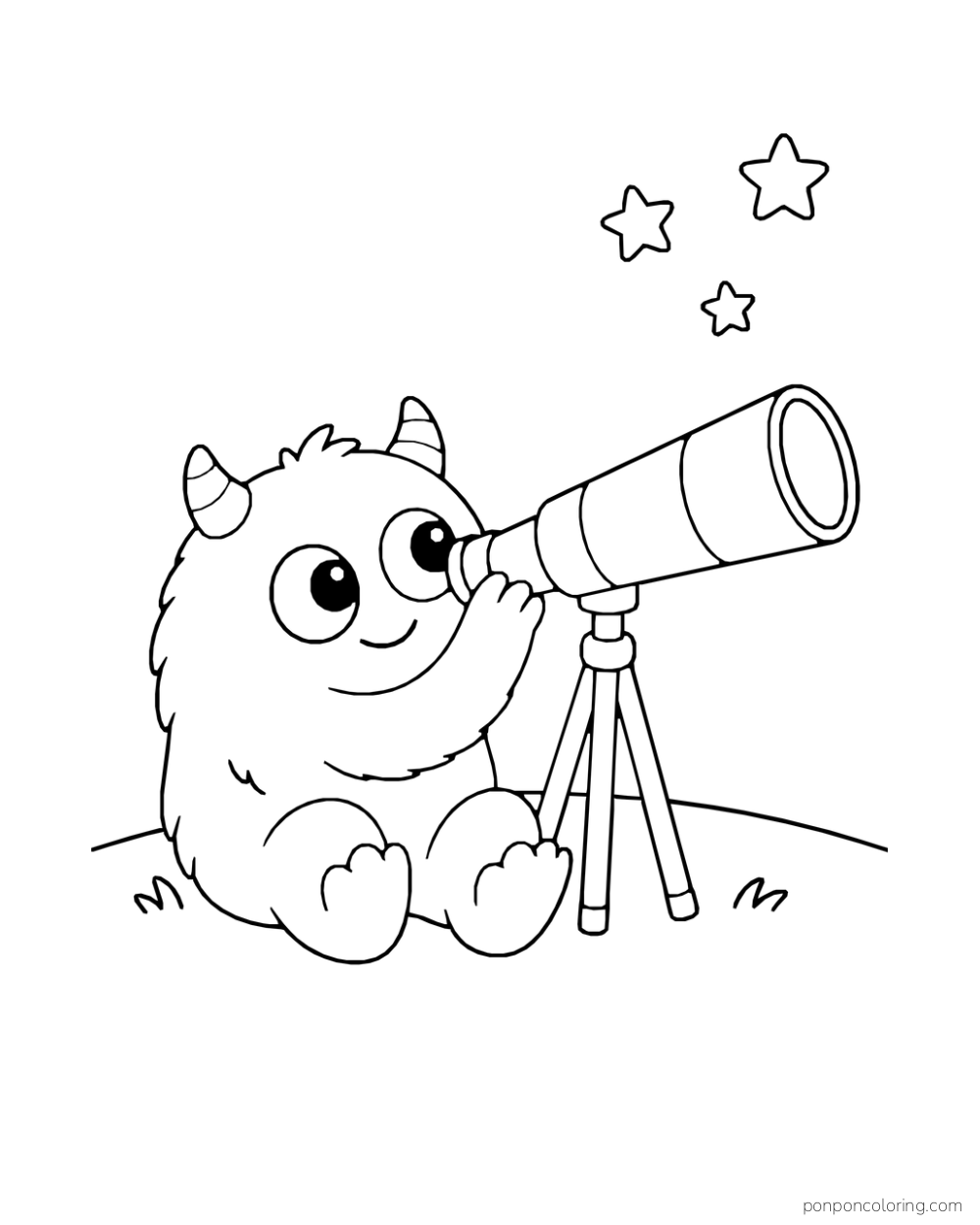 Two-eyed monster looking through a telescope on a tripod toward three stars.