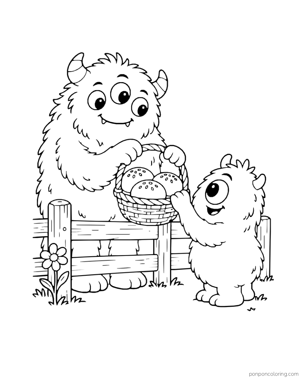 Three-eyed monster offering a basket of round buns over a low fence to a smaller one-eyed monster.