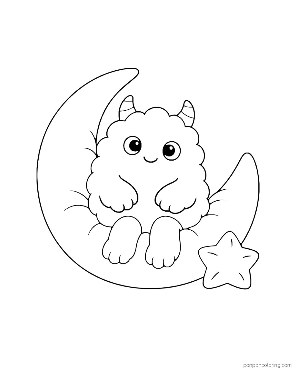 Fluffy two-eyed monster sitting inside a large crescent-shaped cushion beside a star cushion.