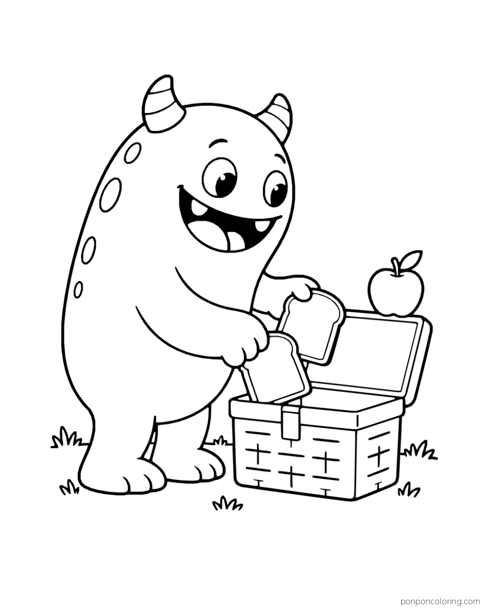 Horned monster putting bread slices into an open box beside an apple.