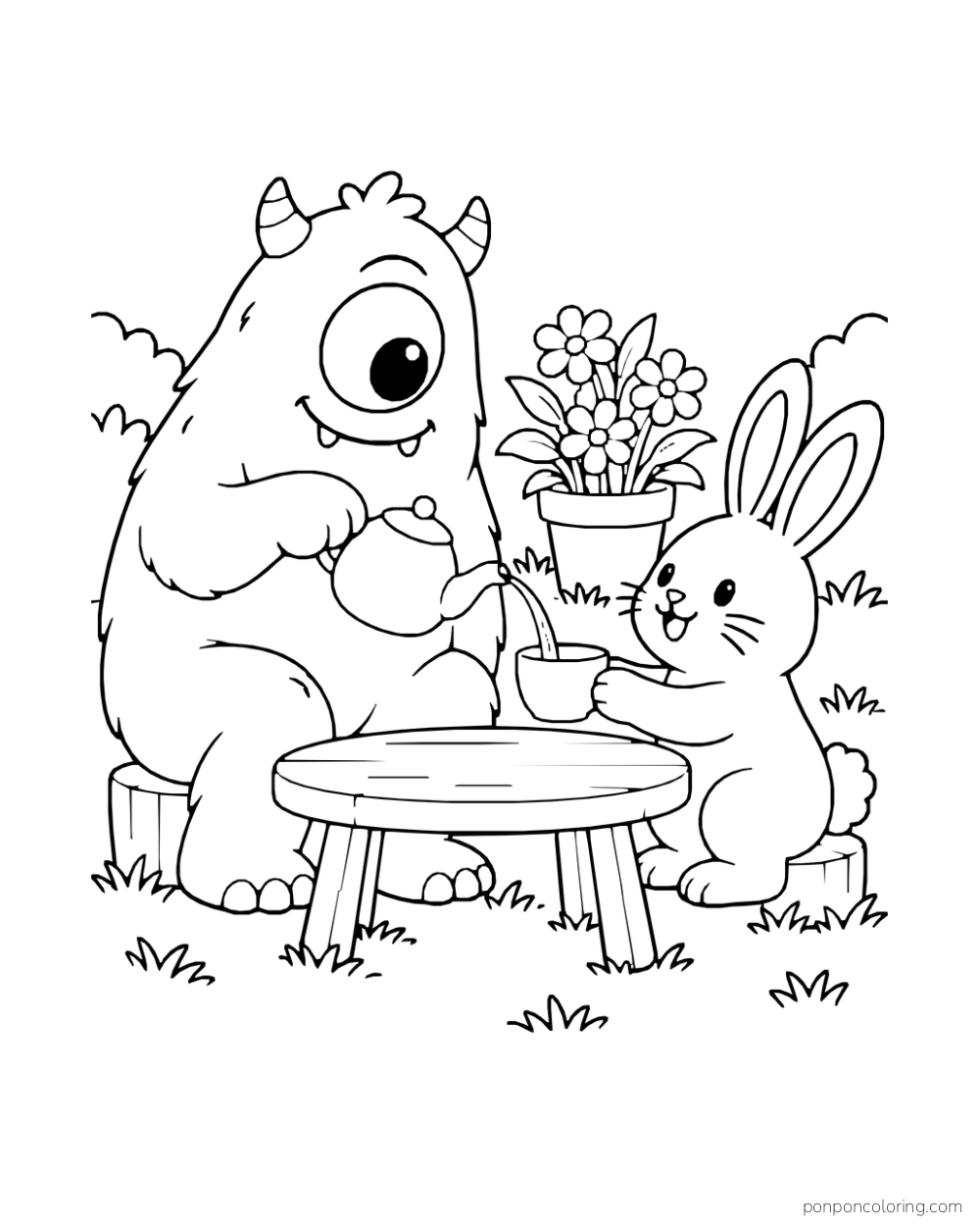 One-eyed monster pouring from a teapot into a cup held by a rabbit at a low table.
