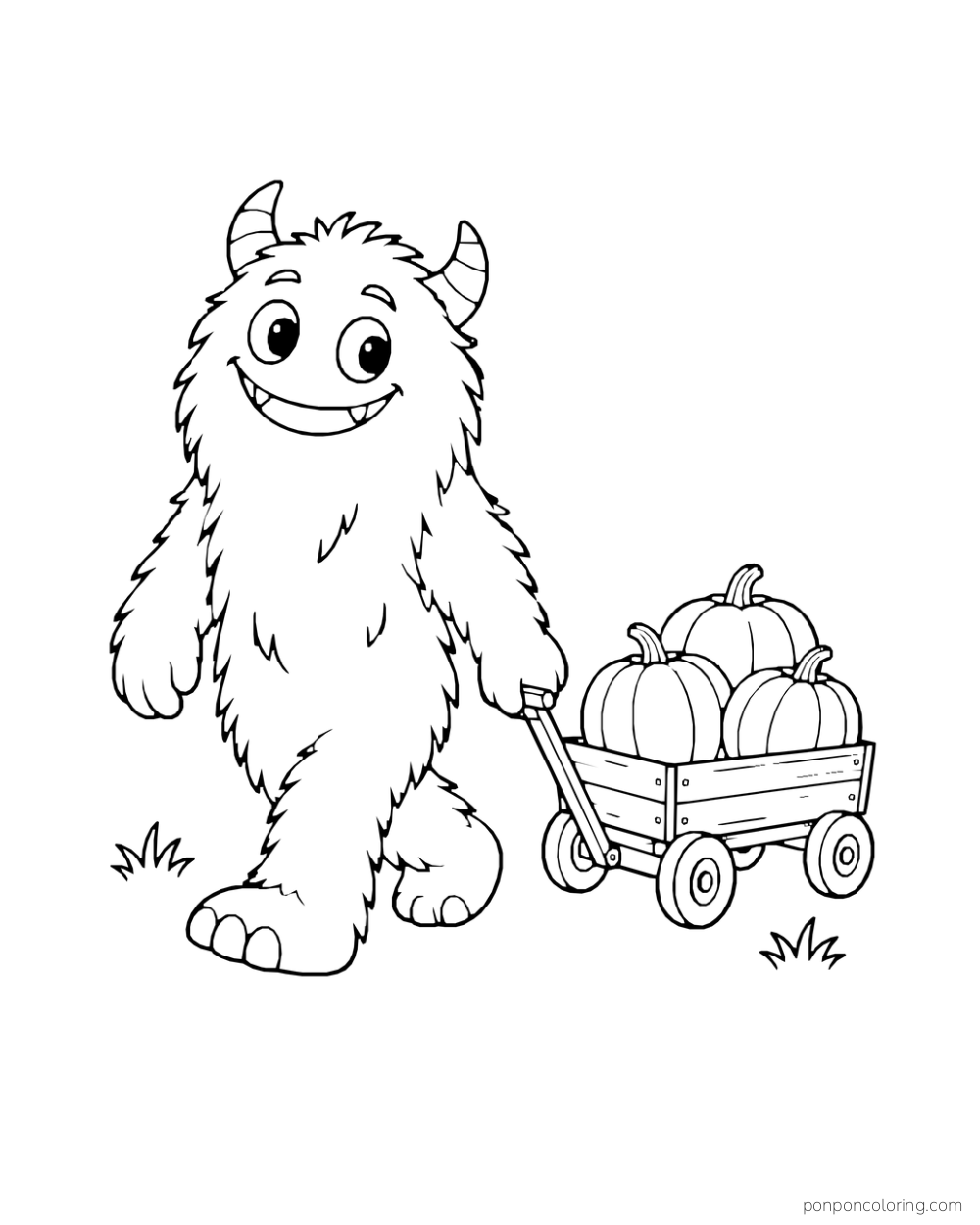 Shaggy two-eyed monster pulling a little wagon loaded with pumpkins.