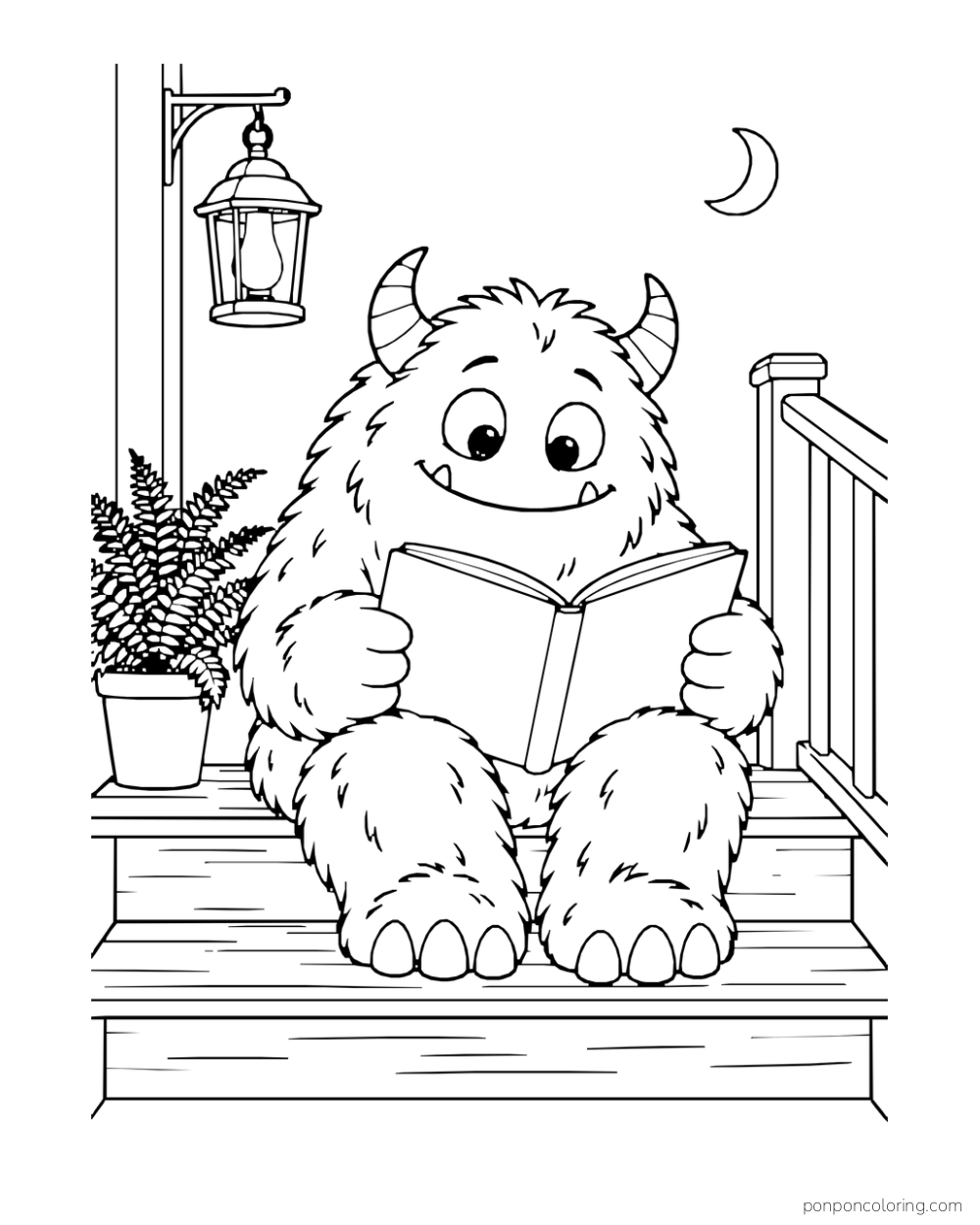 Furry two-eyed monster reading on a porch step beneath a hanging lantern.