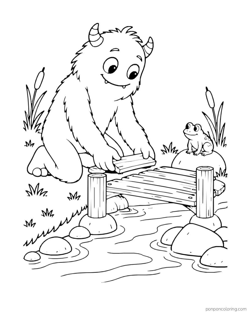 Two-eyed monster positioning a plank on a small wooden bridge while a frog watches from a stone.