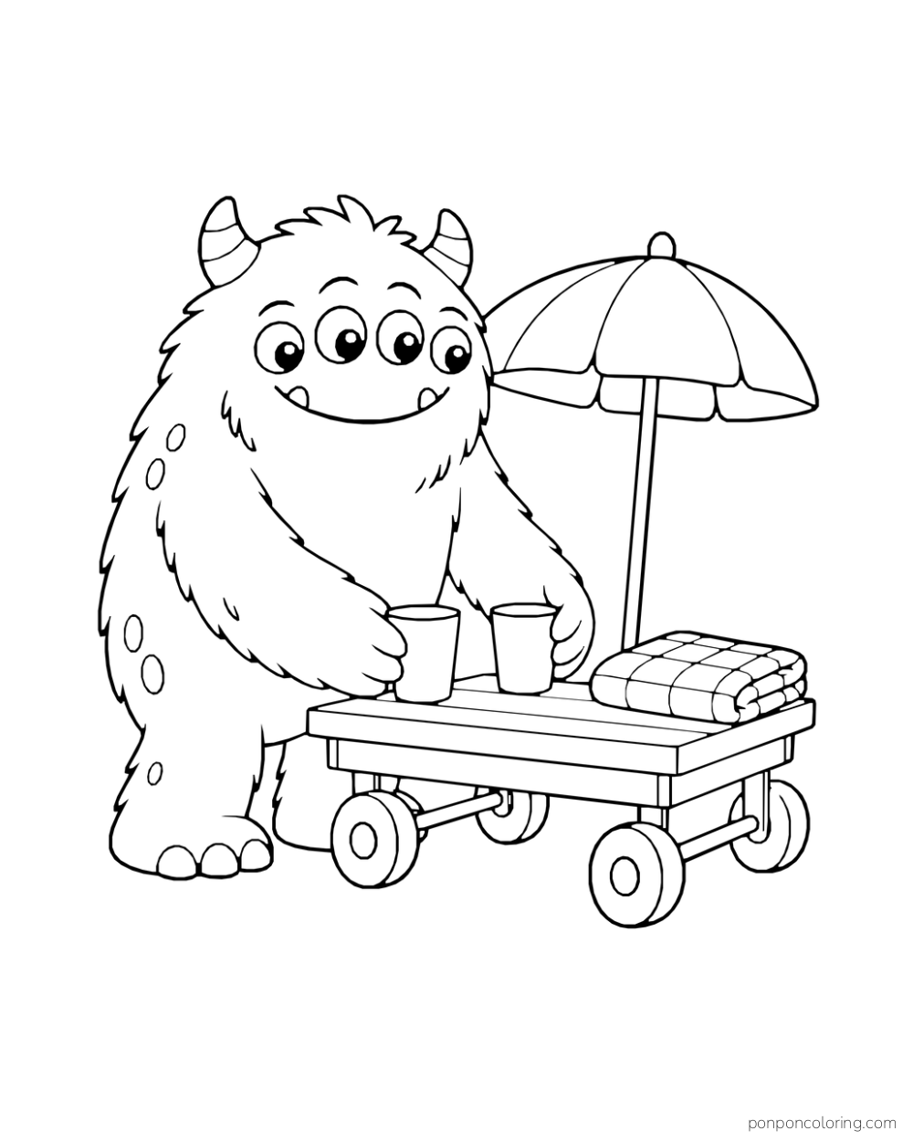 Broad monster placing two cups on a wheeled picnic cart beside a folded cloth and sunshade.