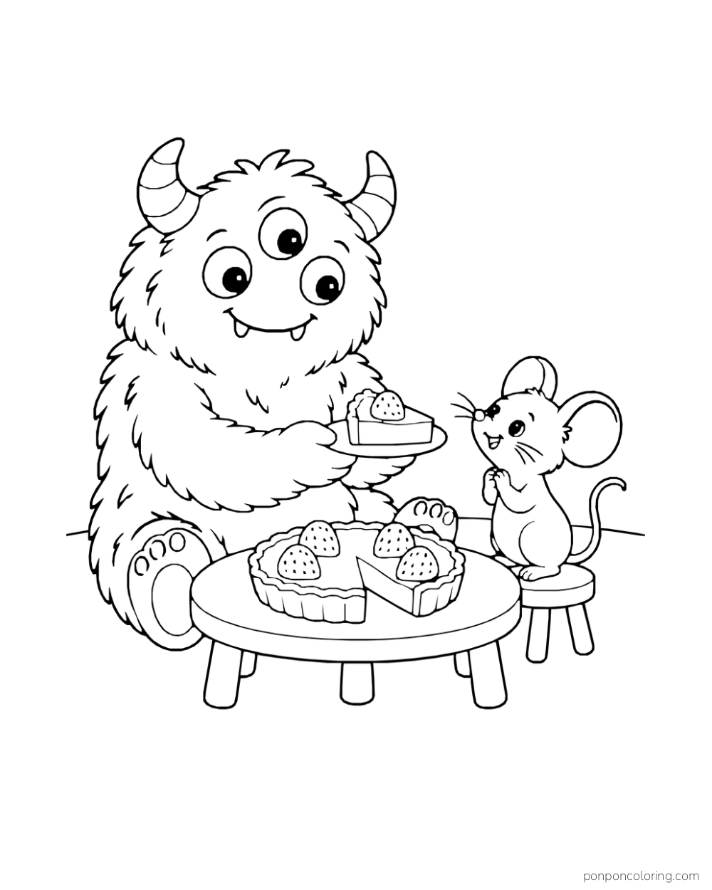 Three-eyed monster offering a tart slice on a plate to a mouse at a small table.