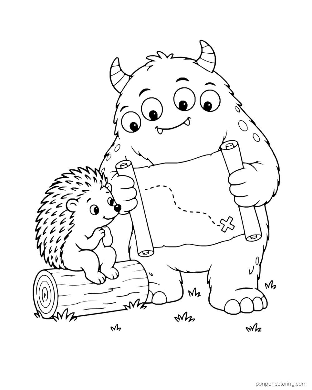 Wide monster holding an unrolled map with a dotted path while a hedgehog sits on a log.