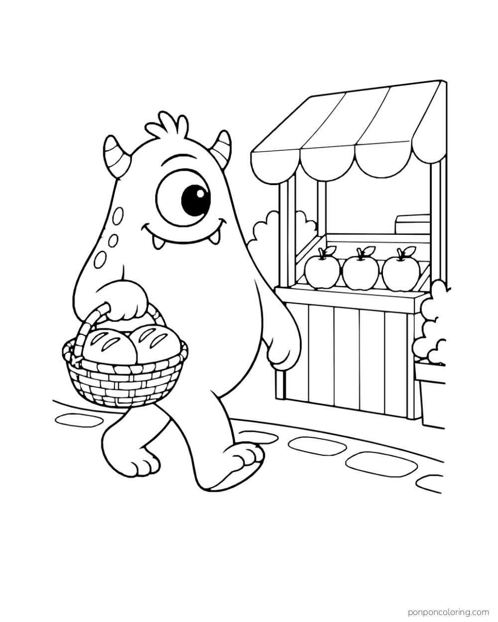 One-eyed monster carrying a basket of rolls past a simple apple stall.