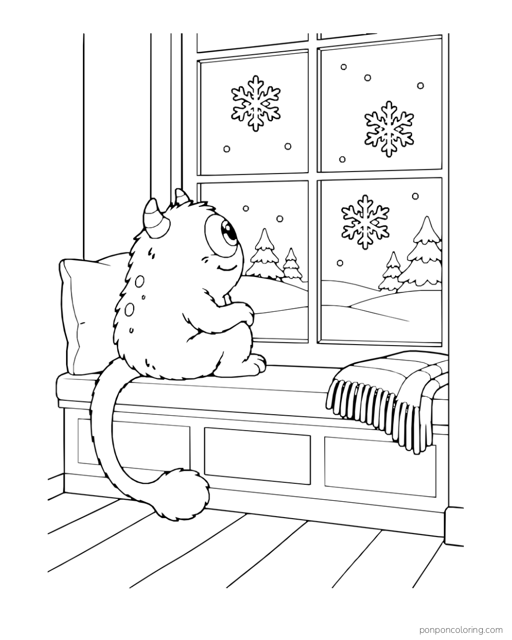 One-eyed monster seated on a window bench watching snowflakes through four panes.