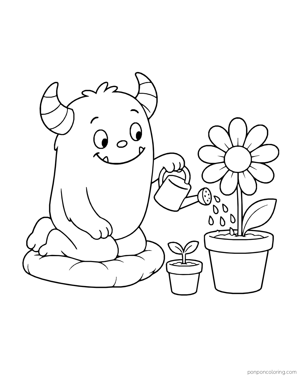 Horned monster kneeling on a cushion and watering a potted daisy beside a small seedling.