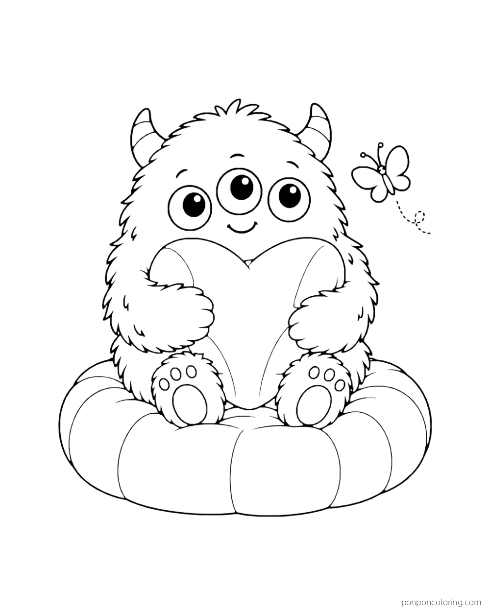 Three-eyed fluffy monster hugging a big heart pillow on a round floor cushion.