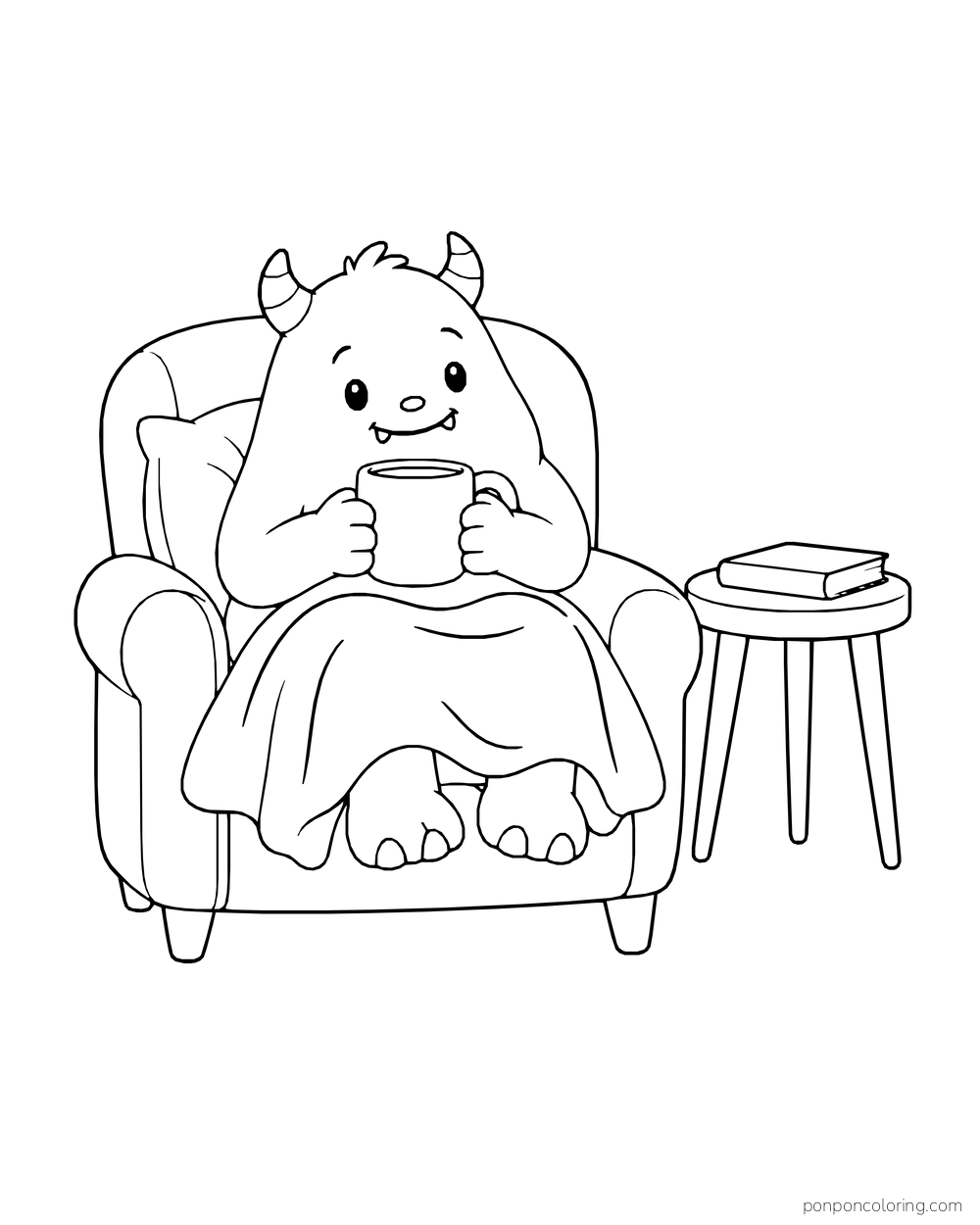 Friendly two-horned monster holding a mug under a lap blanket in an armchair beside a table and closed book.