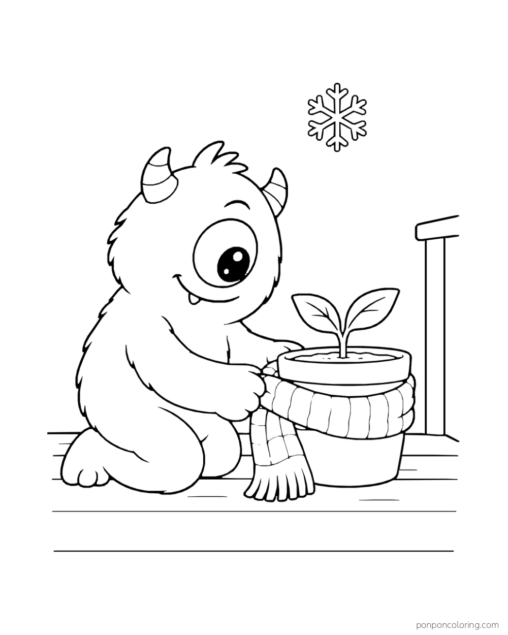 One-eyed monster wrapping a broad scarf around a flowerpot with a small sprout.