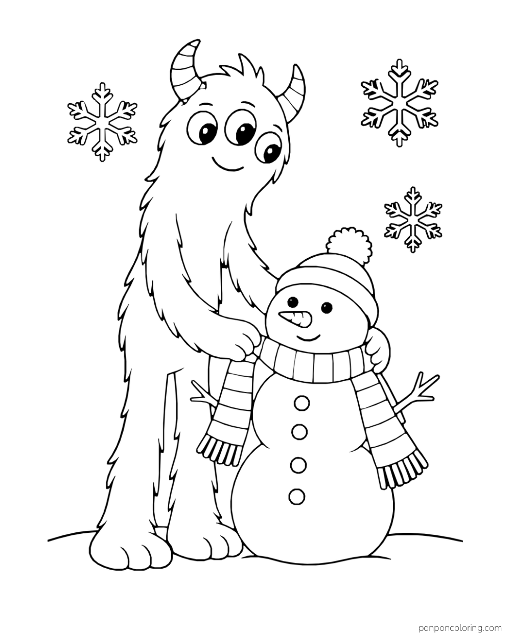 Tall three-eyed monster holding a striped scarf around a small snowman.