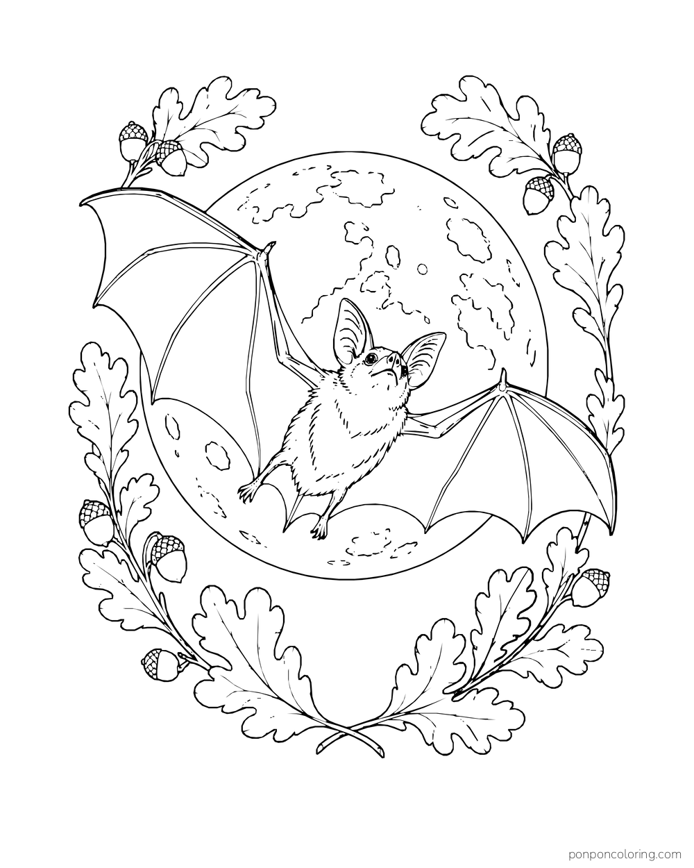 A flying bat overlaps a large full moon inside a loose oval of oak leaves and acorns.