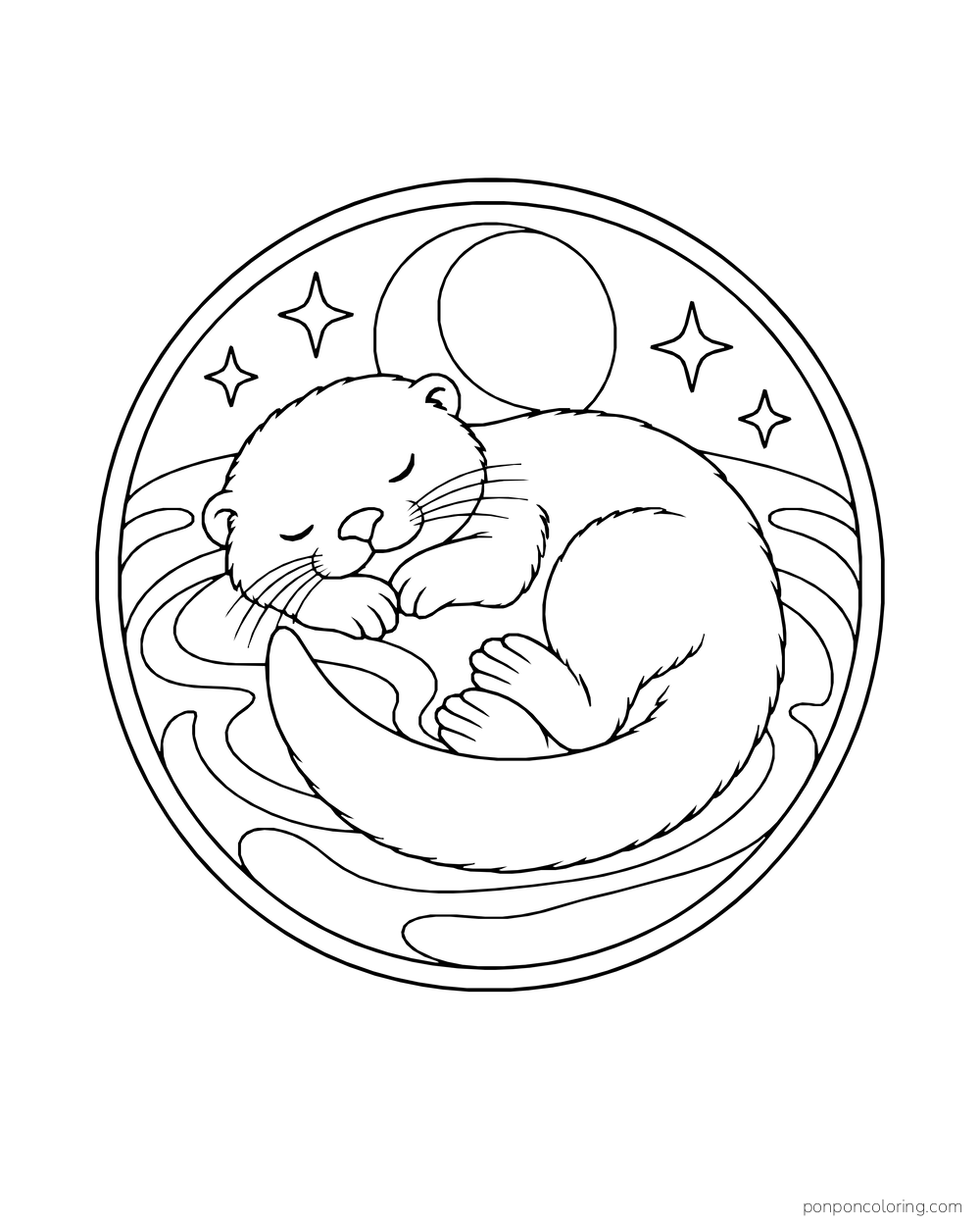Sleeping otter curled inside a moon-and-star round medallion.