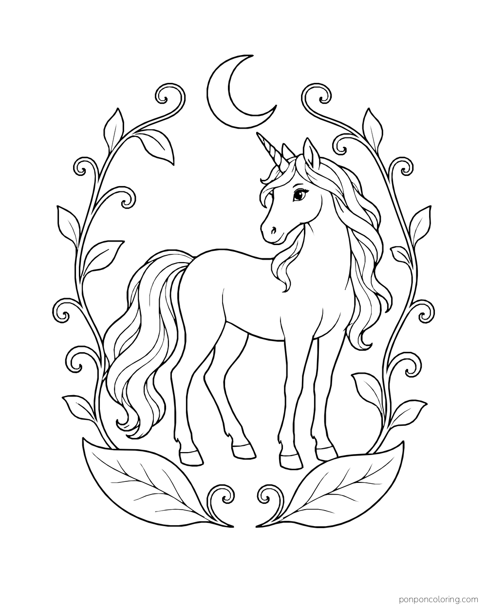 A standing unicorn is framed by curling vines beneath a crescent moon.