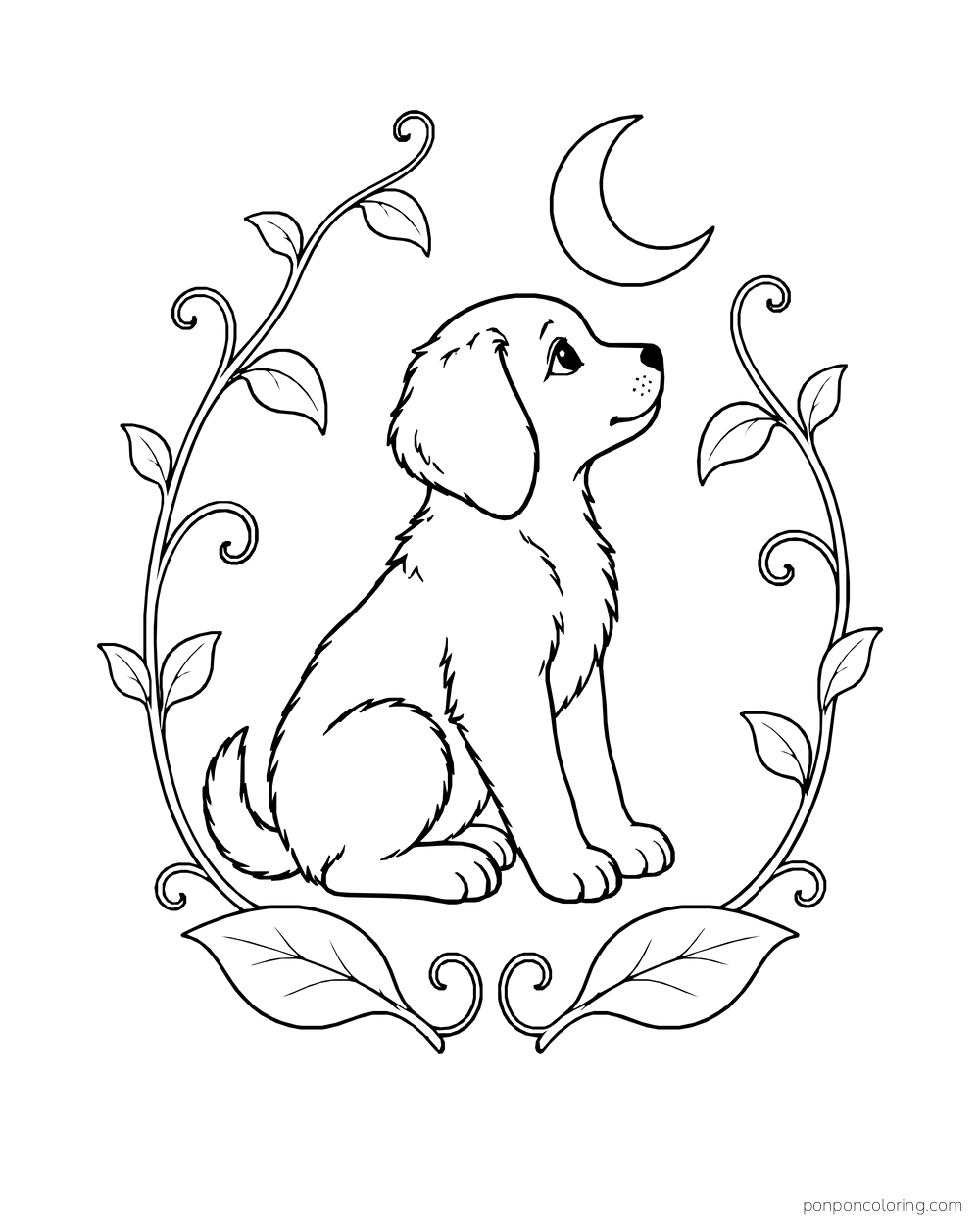 A puppy looks up at a crescent moon inside an open frame of curling vines.