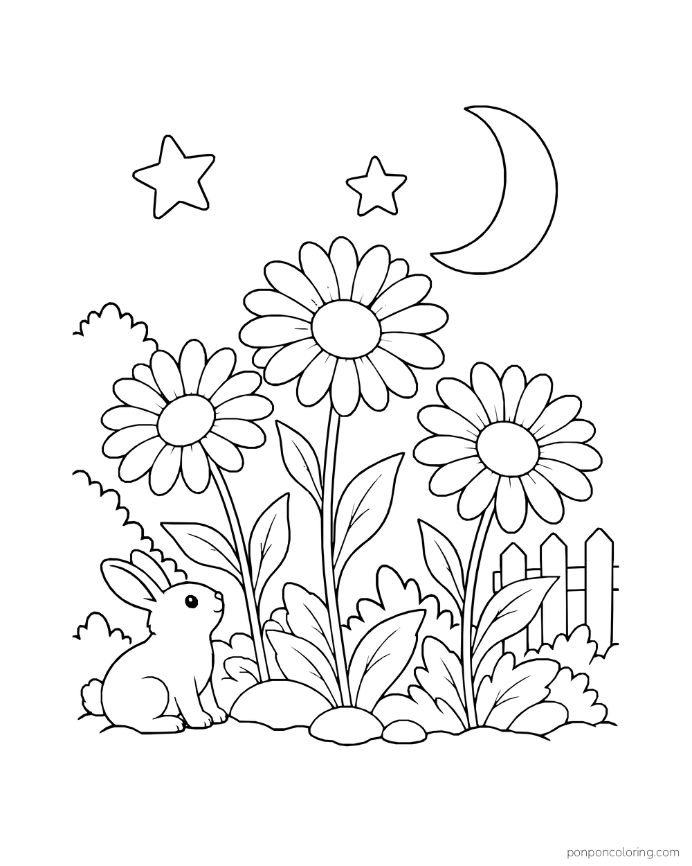 Three daisies grow in a moonlit garden while a small rabbit rests nearby.