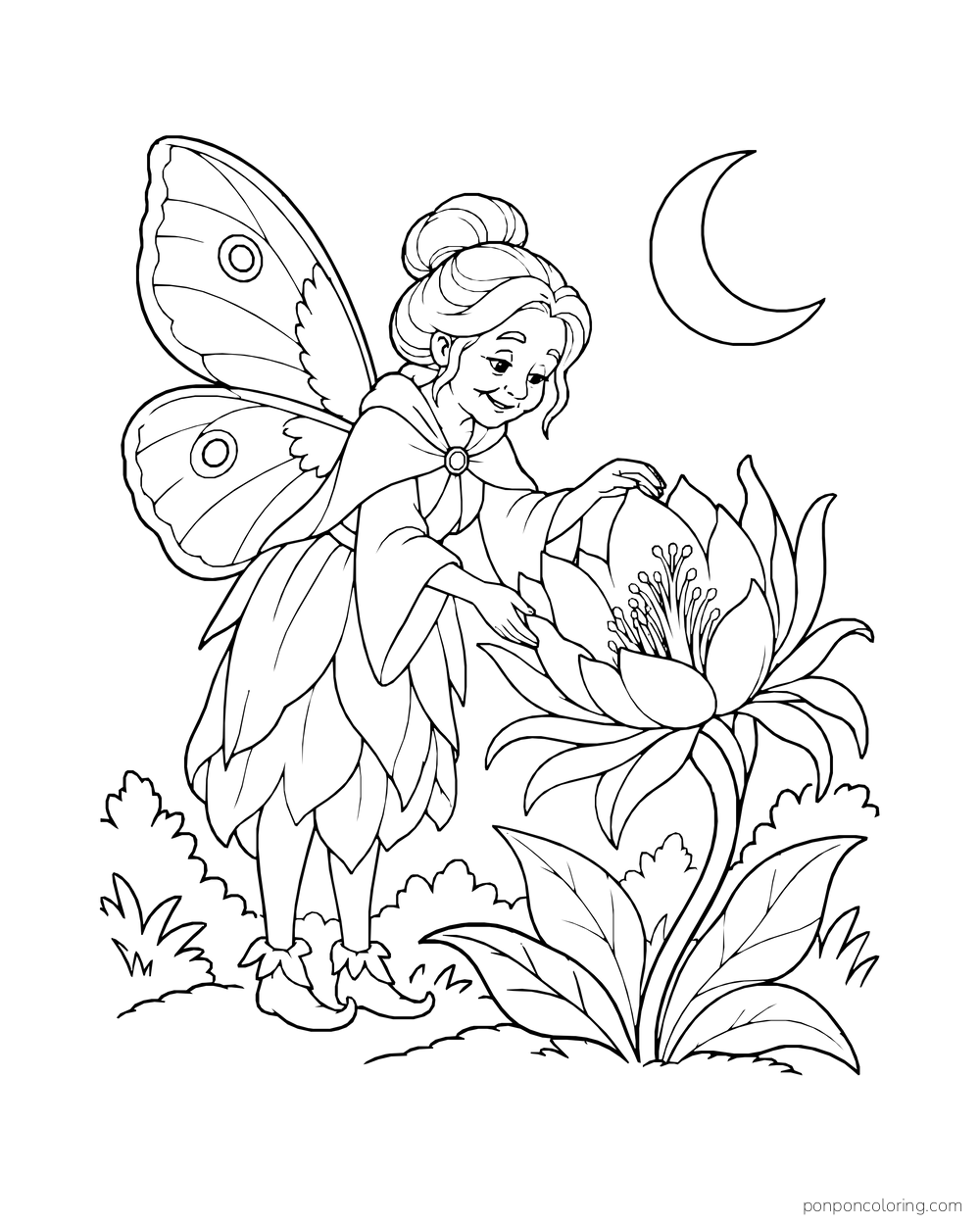 Fairy tending a large open night flower beneath a crescent moon.