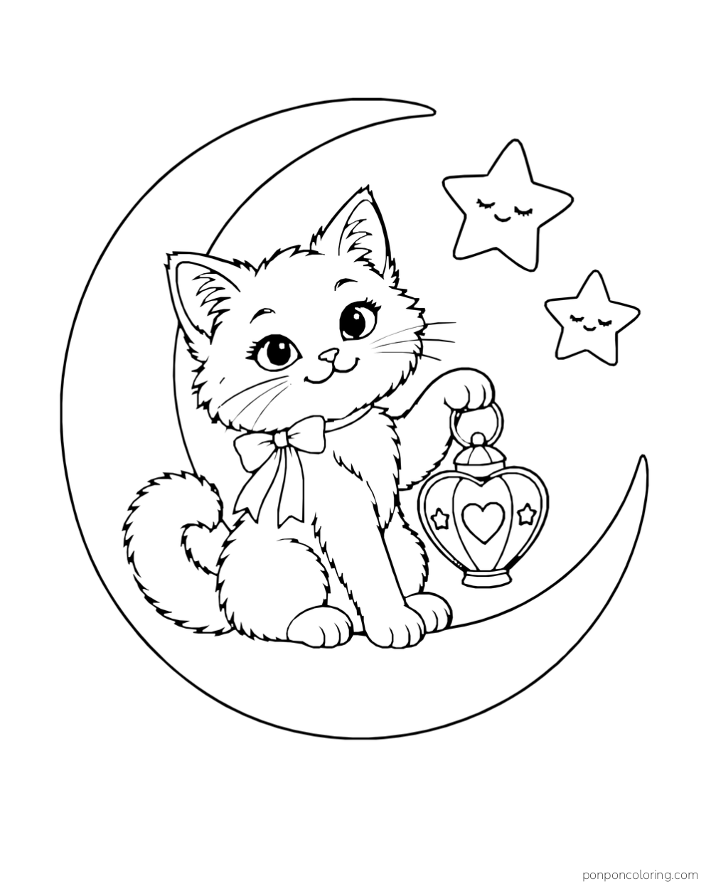 A kitten sits on a crescent moon holding a heart lantern beneath two smiling stars.