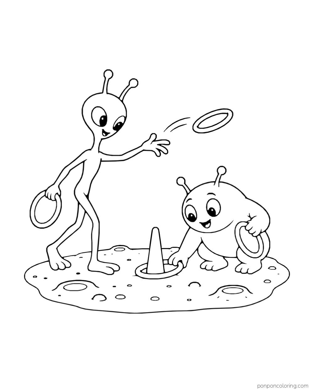 Two aliens play ring toss with a cone on a small moon patch.