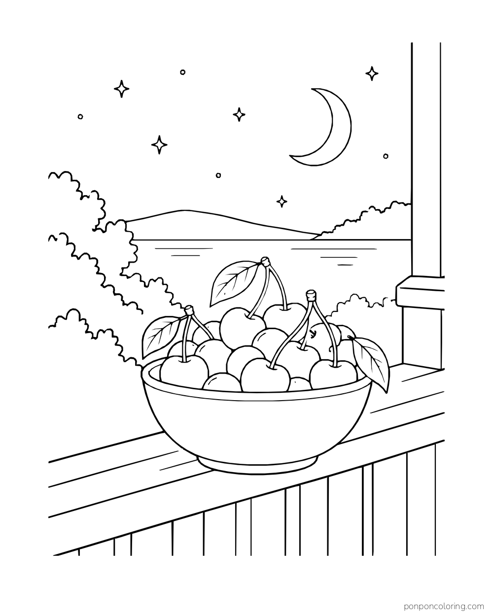 A bowl of cherries sits on a porch rail under a crescent moon and small stars.