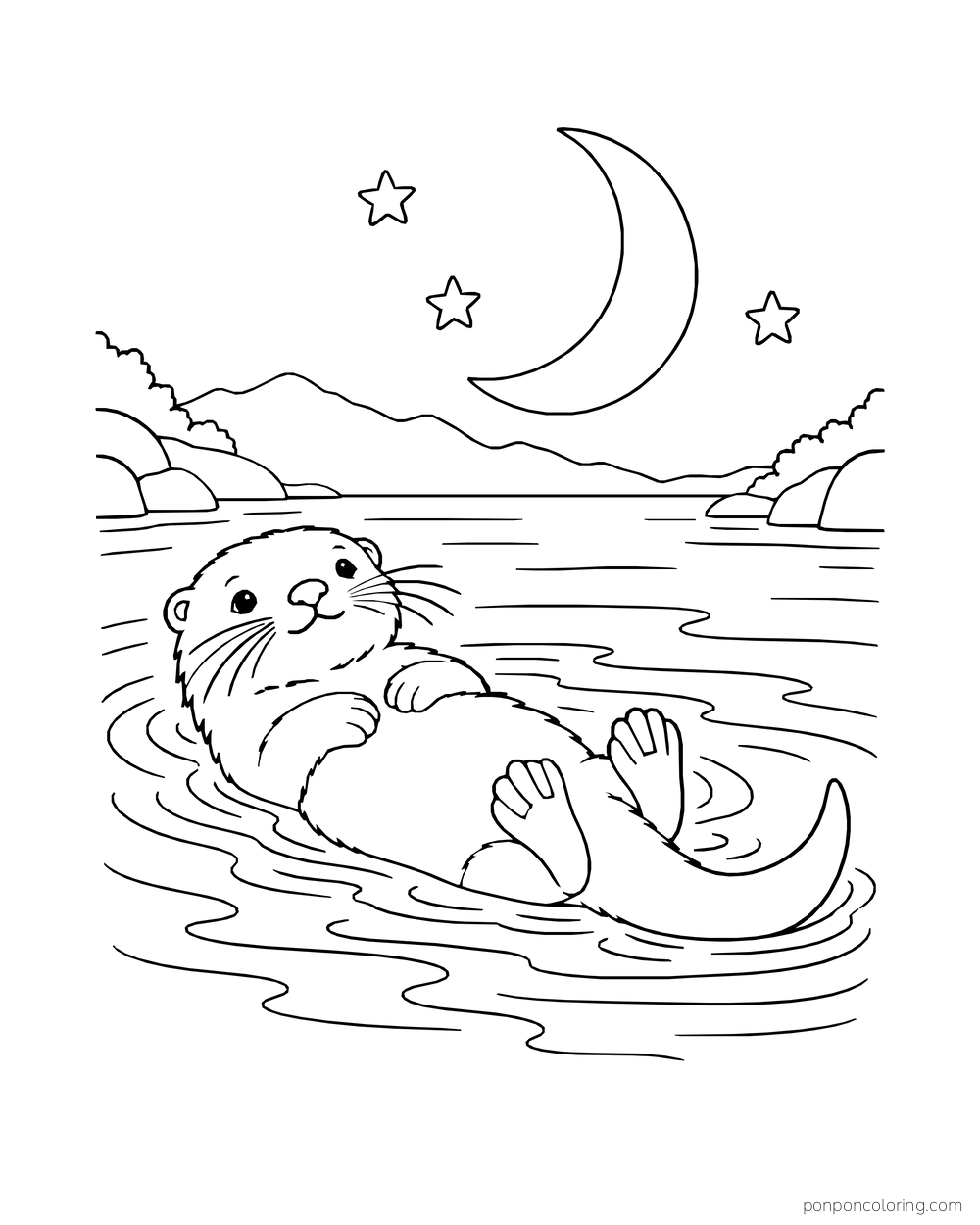 Otter floating on its back under a crescent moon and three stars.