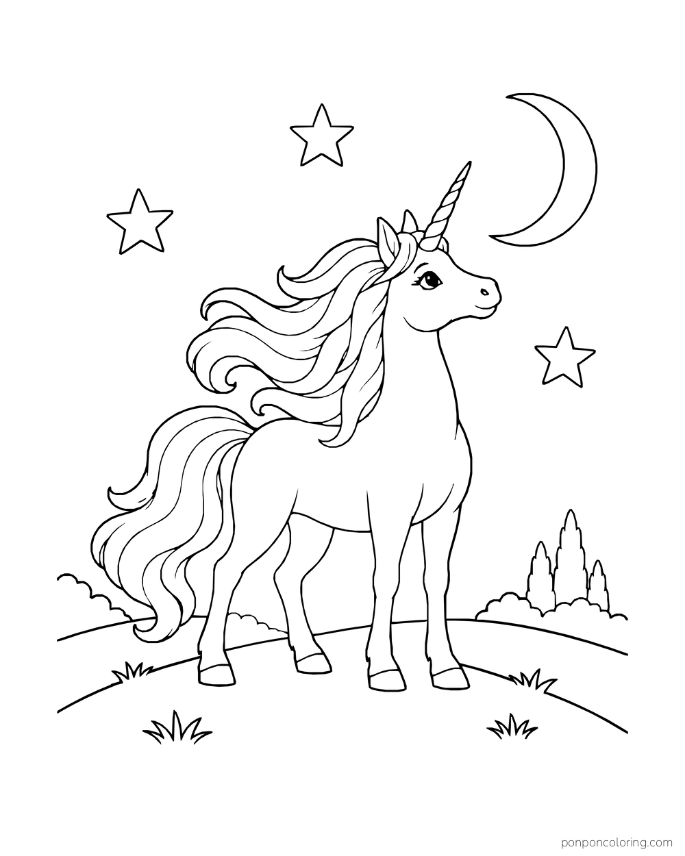 A unicorn stands on a low hill beneath a crescent moon and large stars.