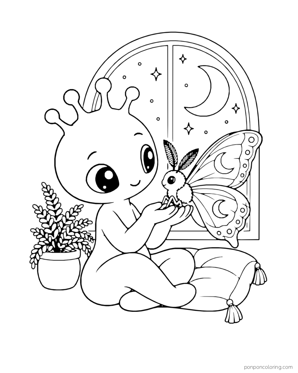 An alien holds a large patterned moth in front of a moonlit window.