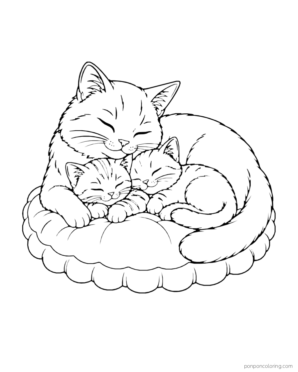 A mother cat cuddles two sleeping kittens on a scalloped oval cushion.