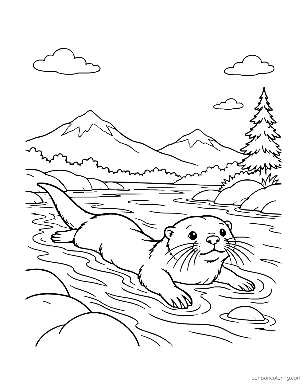 Otter swimming through a stream beneath two distant mountains and a pine tree.