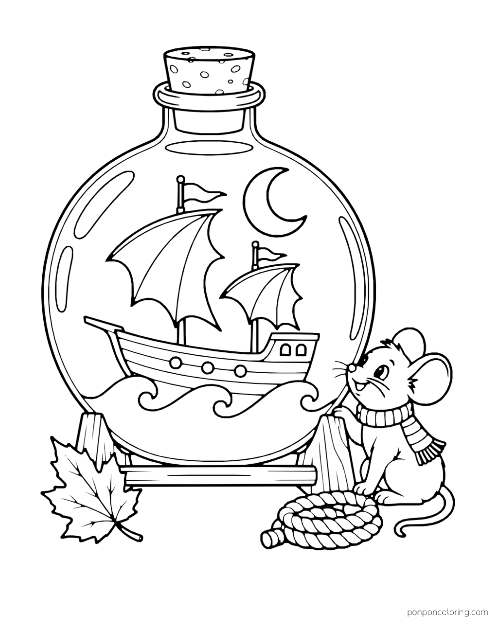 A scarf-wearing mouse leans against a wooden cradle to admire a tiny bat-sail ship and crescent moon inside a corked bottle, with a leaf and rope coil nearby.