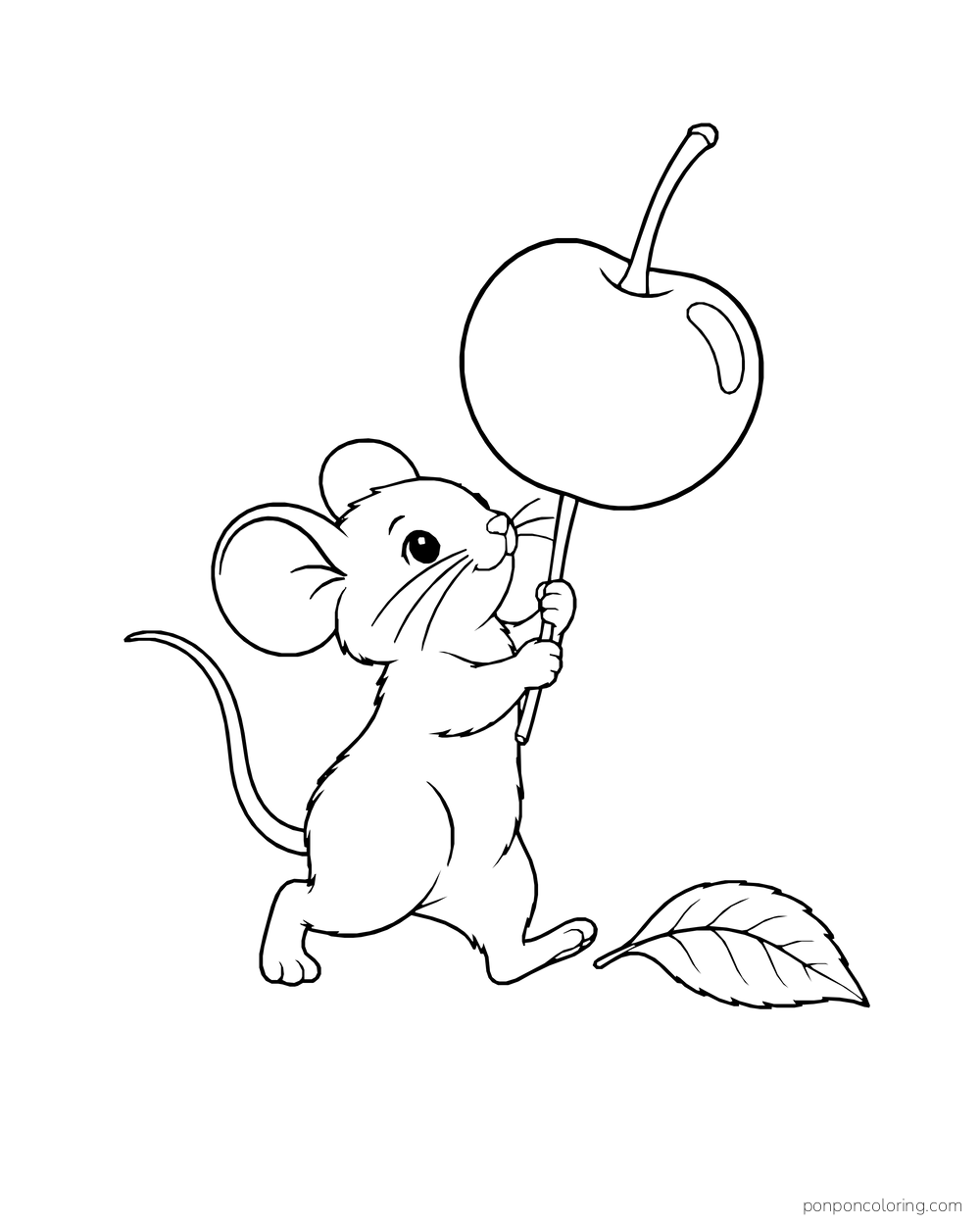 A small mouse walks on its hind legs while holding one oversized cherry by the stem.
