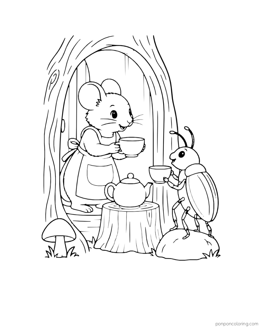 Aproned mouse offers tea to a beetle at a stump table inside a hollow tree.