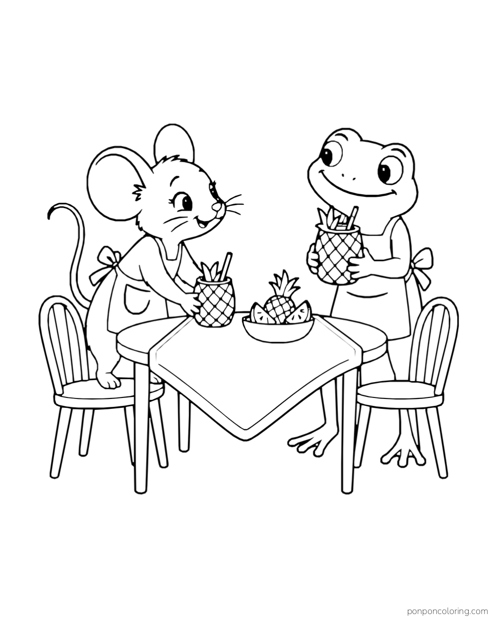 Mouse and frog at a table with pineapple-shaped cups and a bowl of fruit wedges.
